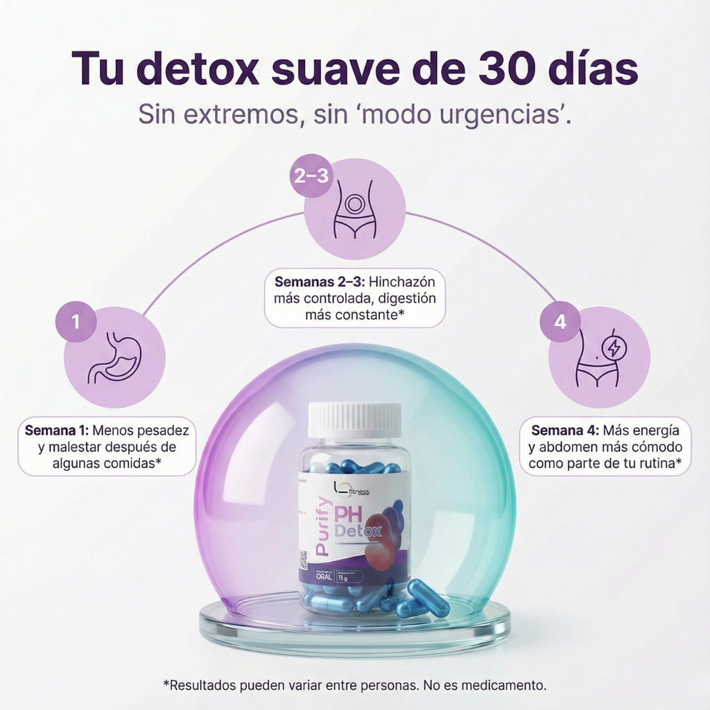 PH Detox Purify: detox suave de 30 días para reducir carga tóxica, hinchazón y cansancio, sin maratones al baño.