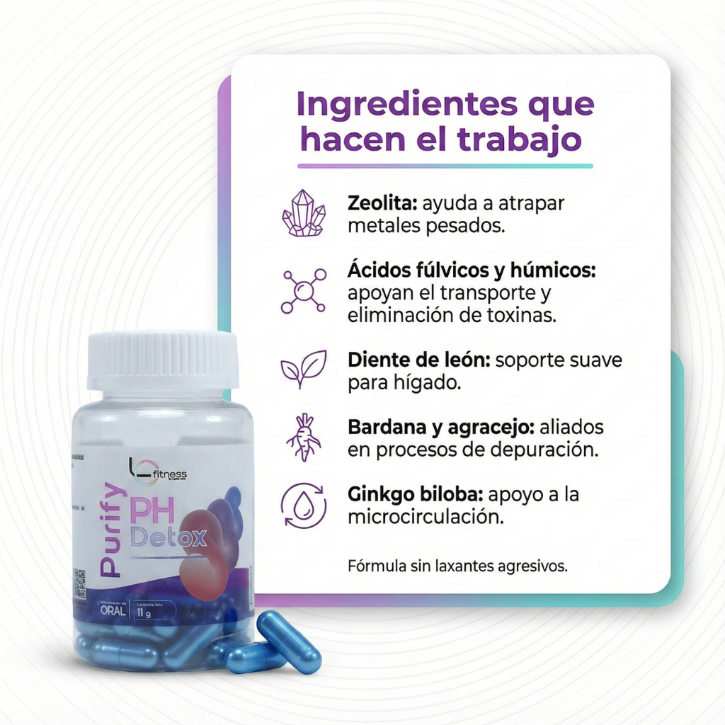 PH Detox Purify: detox suave de 30 días para reducir carga tóxica, hinchazón y cansancio, sin maratones al baño.