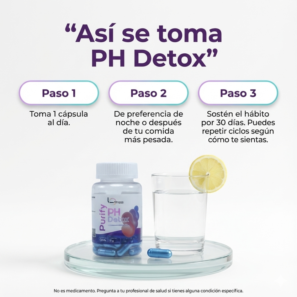 PH Detox Purify: detox suave de 30 días para reducir carga tóxica, hinchazón y cansancio, sin maratones al baño.