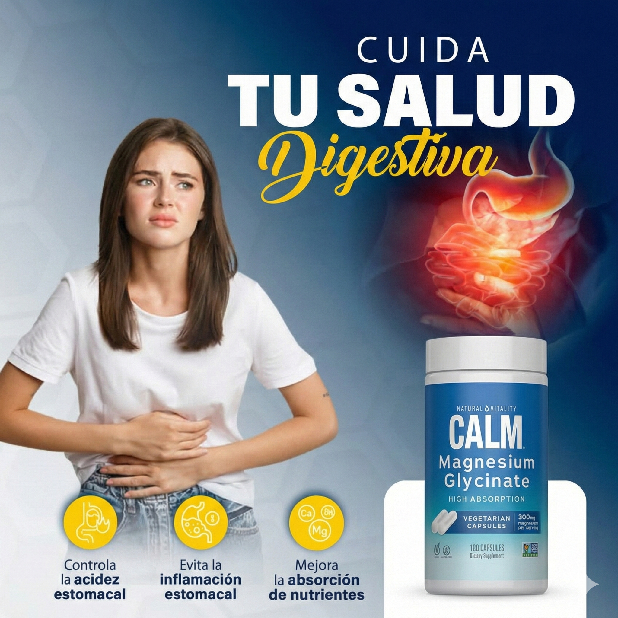 Natural Calm - Magnesio en polvo para la salud digestiva: mejora la acidez, inflamación y estreñimiento